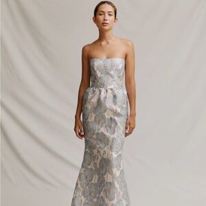 Strapless Floral Jacquard Gown in Blue and Cream